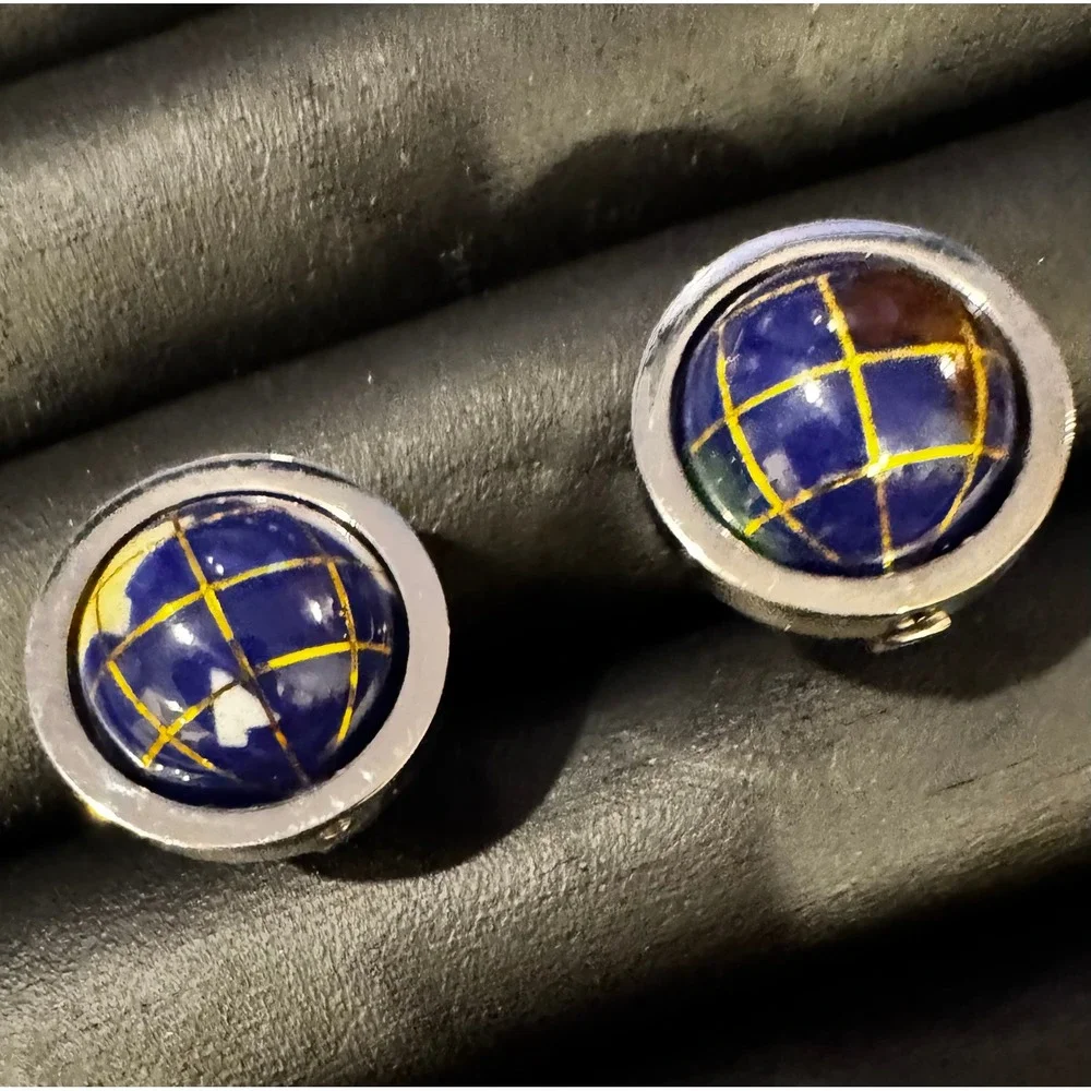 Vintage Silver Tone Blue Globe Cufflinks World Map Travel Theme Mens Jewelry